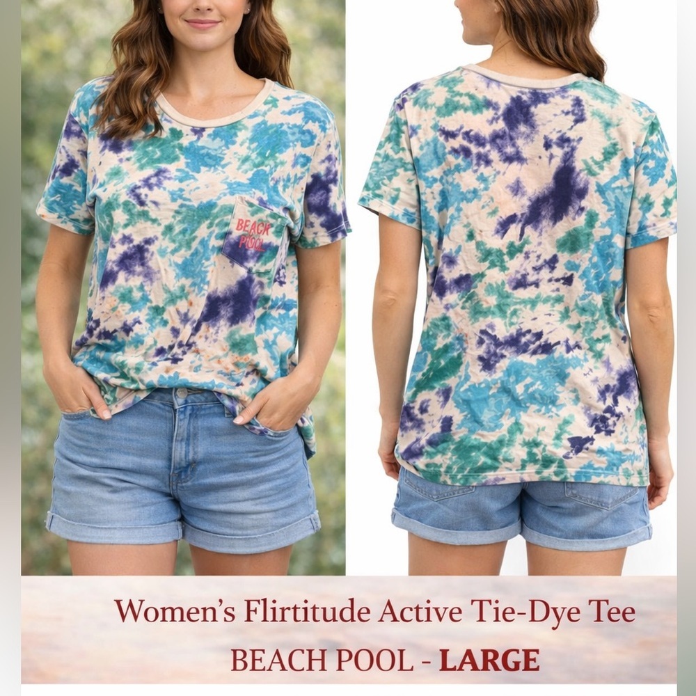 Flirtitude active Blue purple Green Tie-Dye Tee BEACH IS POOL - LARGE